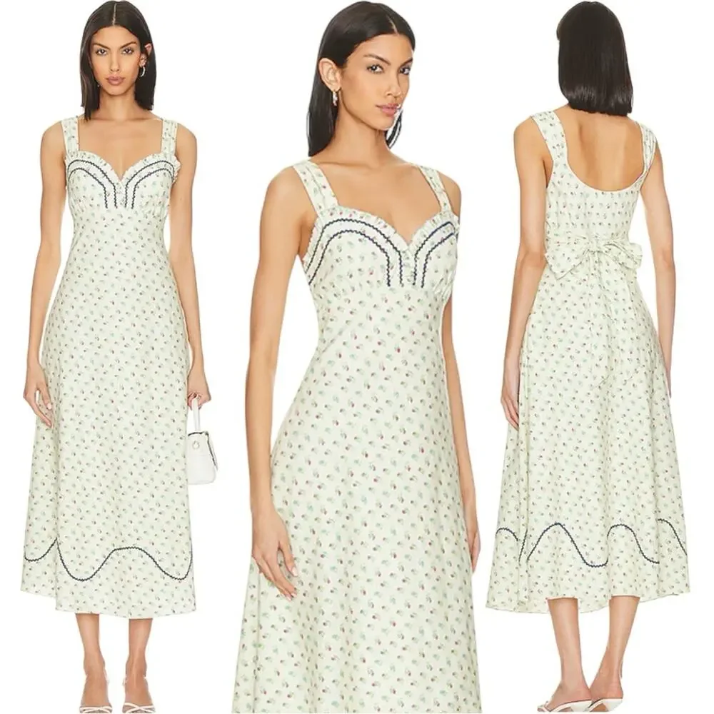 Free People Dainty Western Prairie Sweet Hearts Midi Dress in Ivory Combo Medium